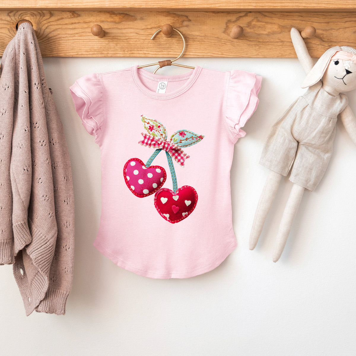 Cherry Hearts Patchwork Print - Flutter Sleeve Graphic T-Shirt