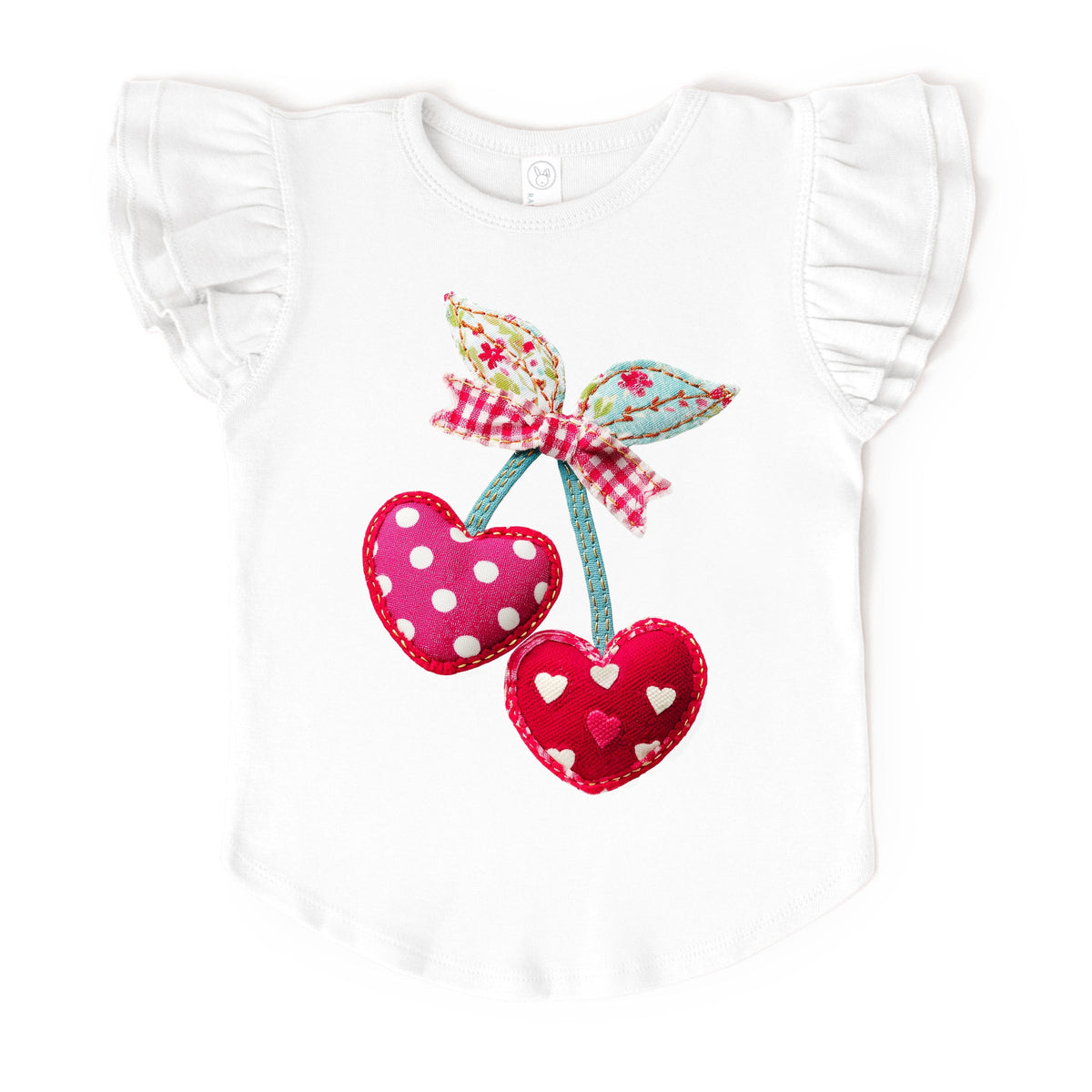 Cherry Hearts Patchwork Print - Flutter Sleeve Graphic T-Shirt