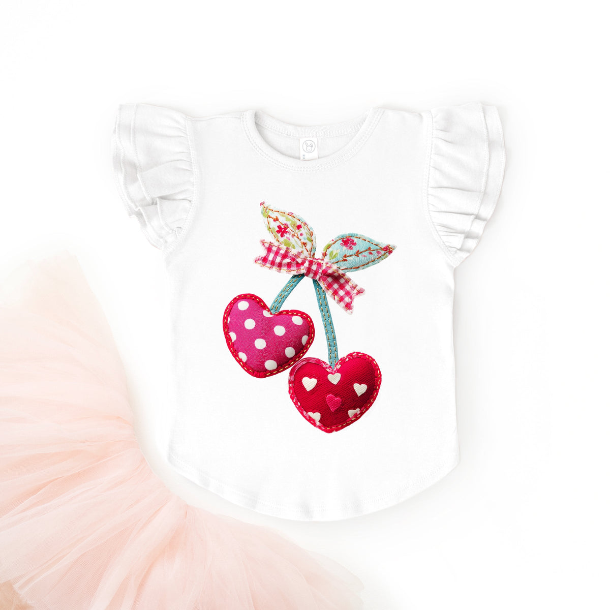 Cherry Hearts Patchwork Print - Flutter Sleeve Graphic T-Shirt