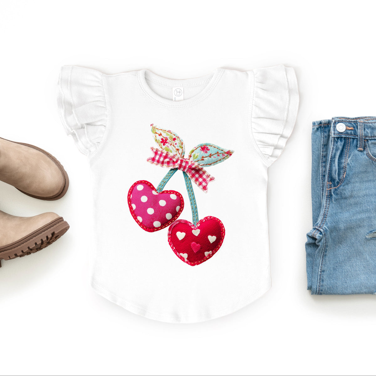 Cherry Hearts Patchwork Print - Flutter Sleeve Graphic T-Shirt