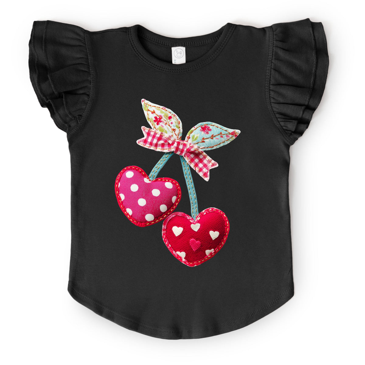 Cherry Hearts Patchwork Print - Flutter Sleeve Graphic T-Shirt