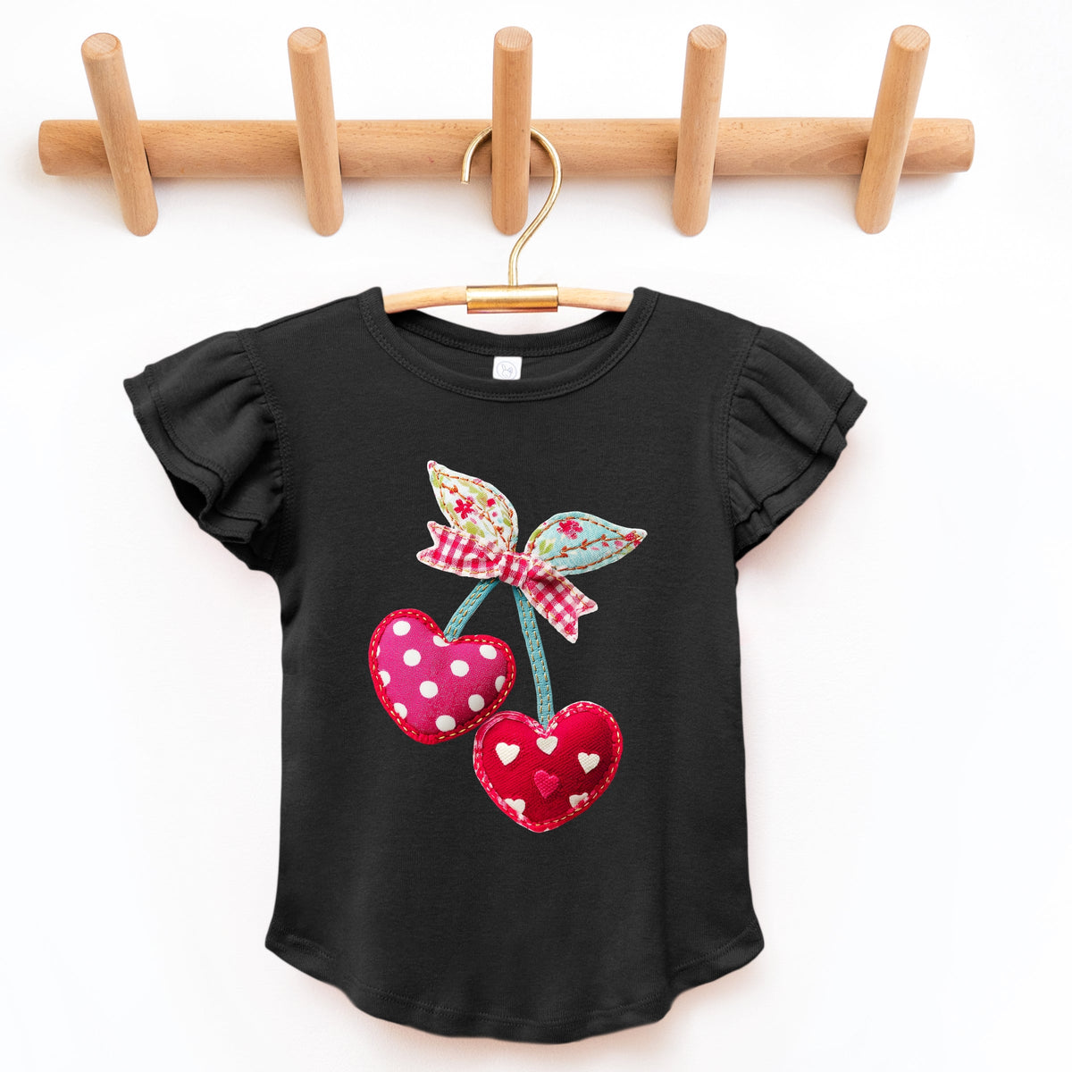 Cherry Hearts Patchwork Print - Flutter Sleeve Graphic T-Shirt