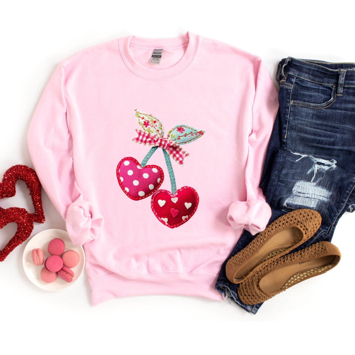 Cherry Hearts Patchwork Print - Women's Graphic Sweatshirt