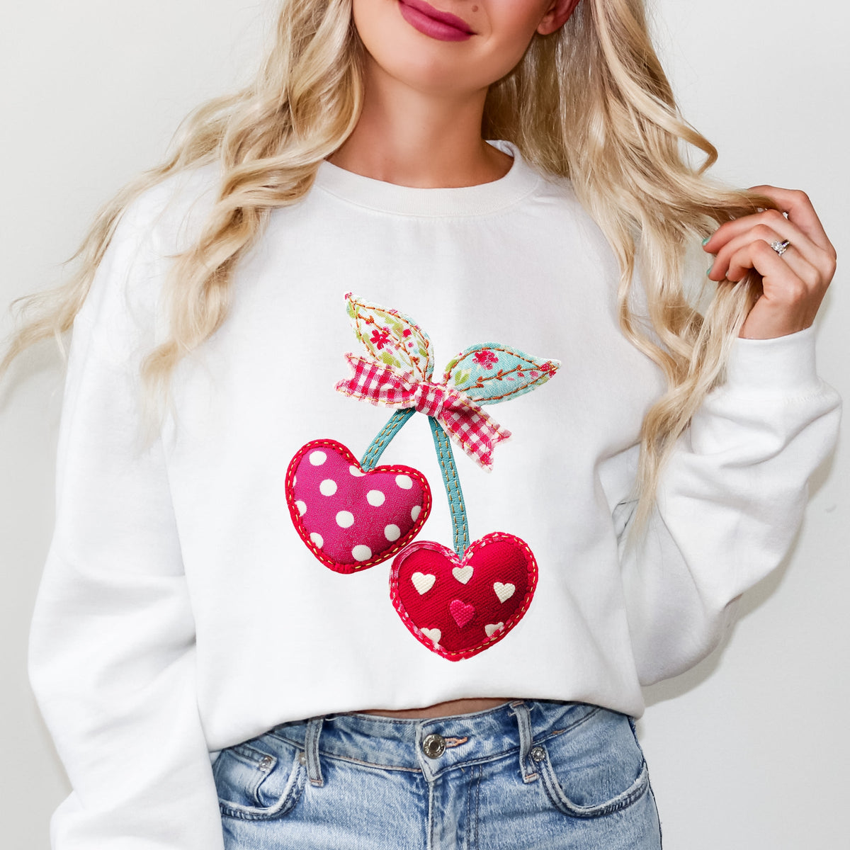 Cherry Hearts Patchwork Print - Women's Graphic Sweatshirt