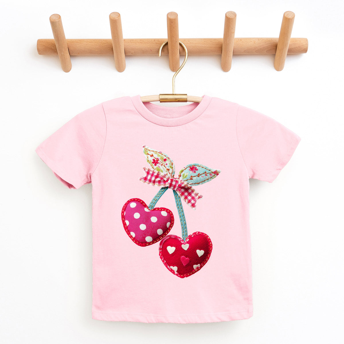 Cherry Hearts Patchwork Print - Youth Short Sleeve Graphic T-Shirt