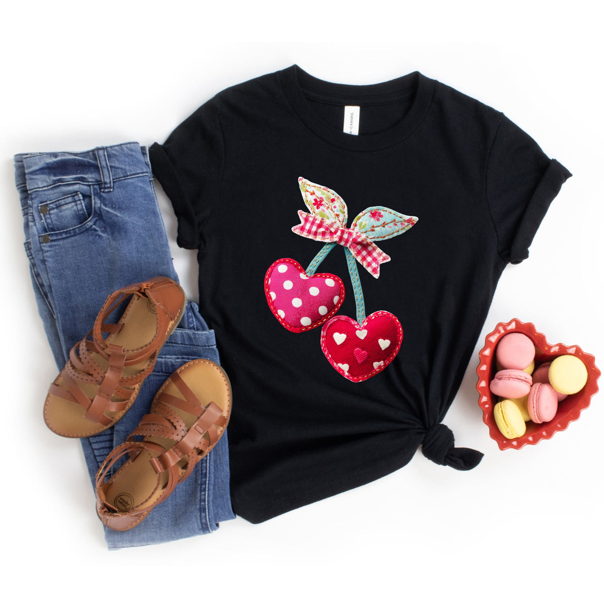 Cherry Hearts Patchwork Print - Youth Short Sleeve Graphic T-Shirt