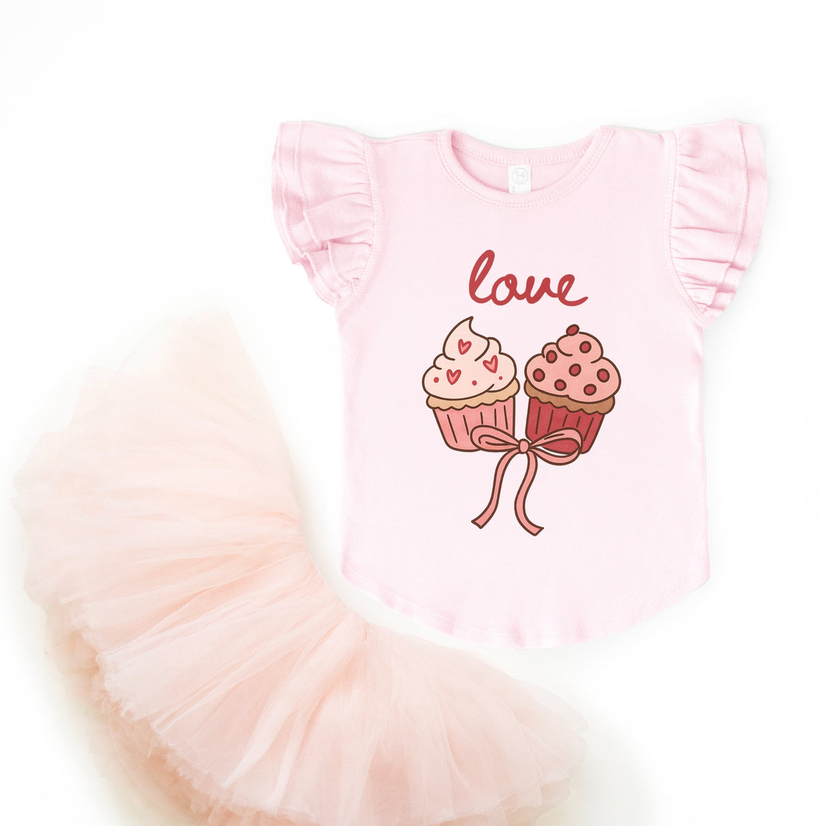Love Cursive Cupcakes Coquette - Flutter Sleeve Graphic T-Shirt