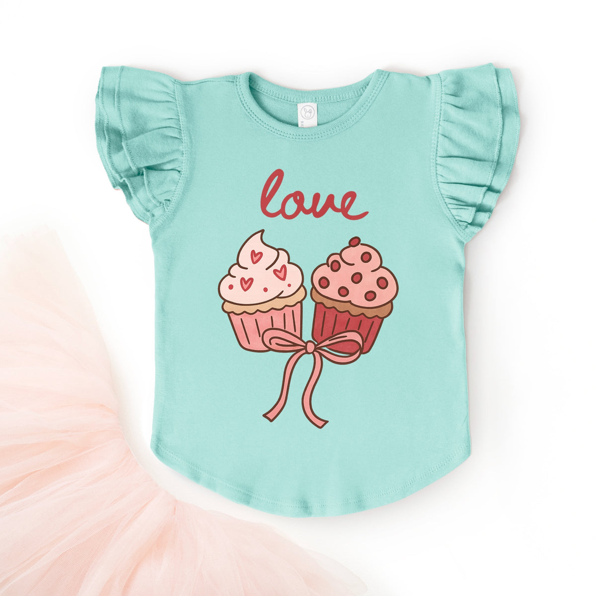 Love Cursive Cupcakes Coquette - Flutter Sleeve Graphic T-Shirt