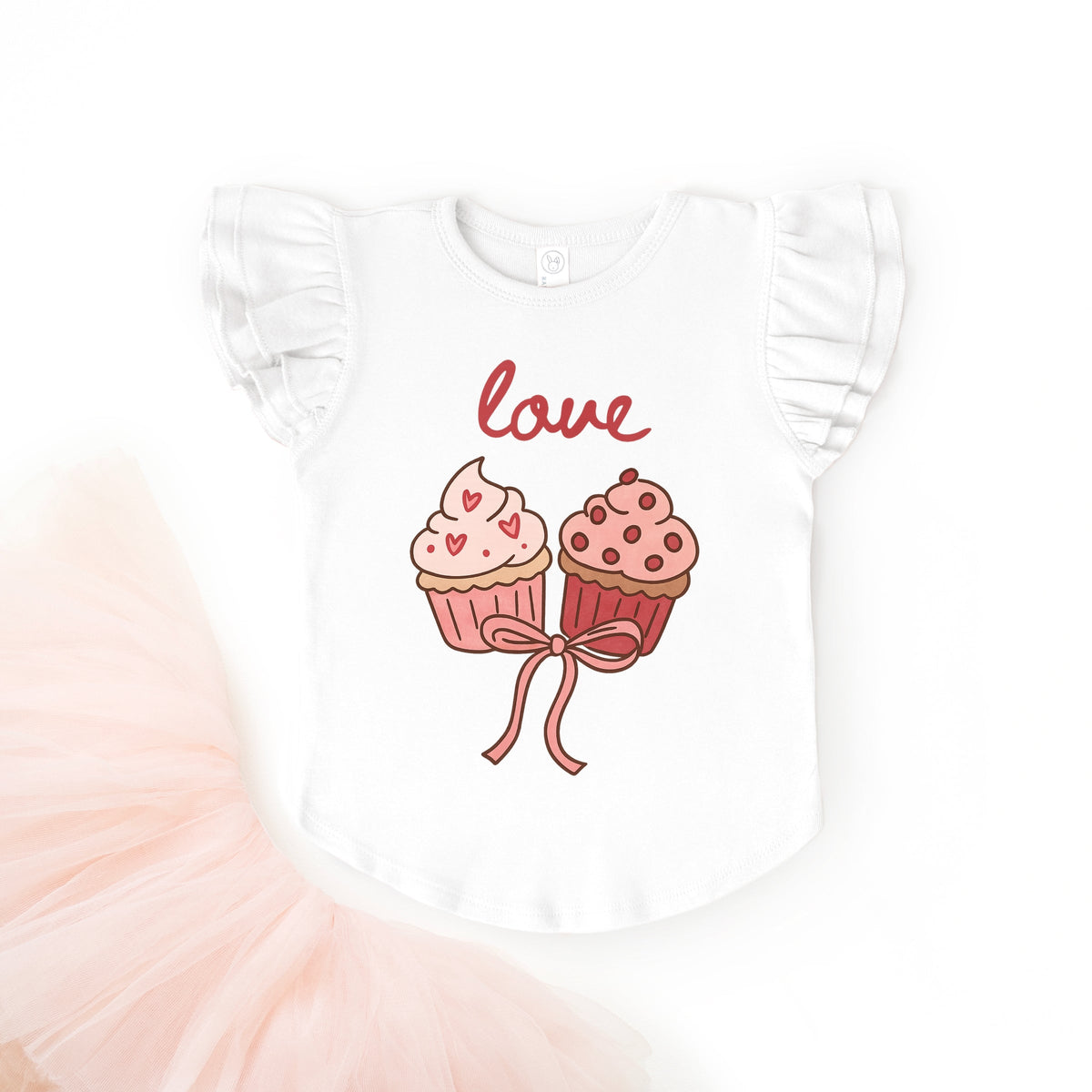 Love Cursive Cupcakes Coquette - Flutter Sleeve Graphic T-Shirt