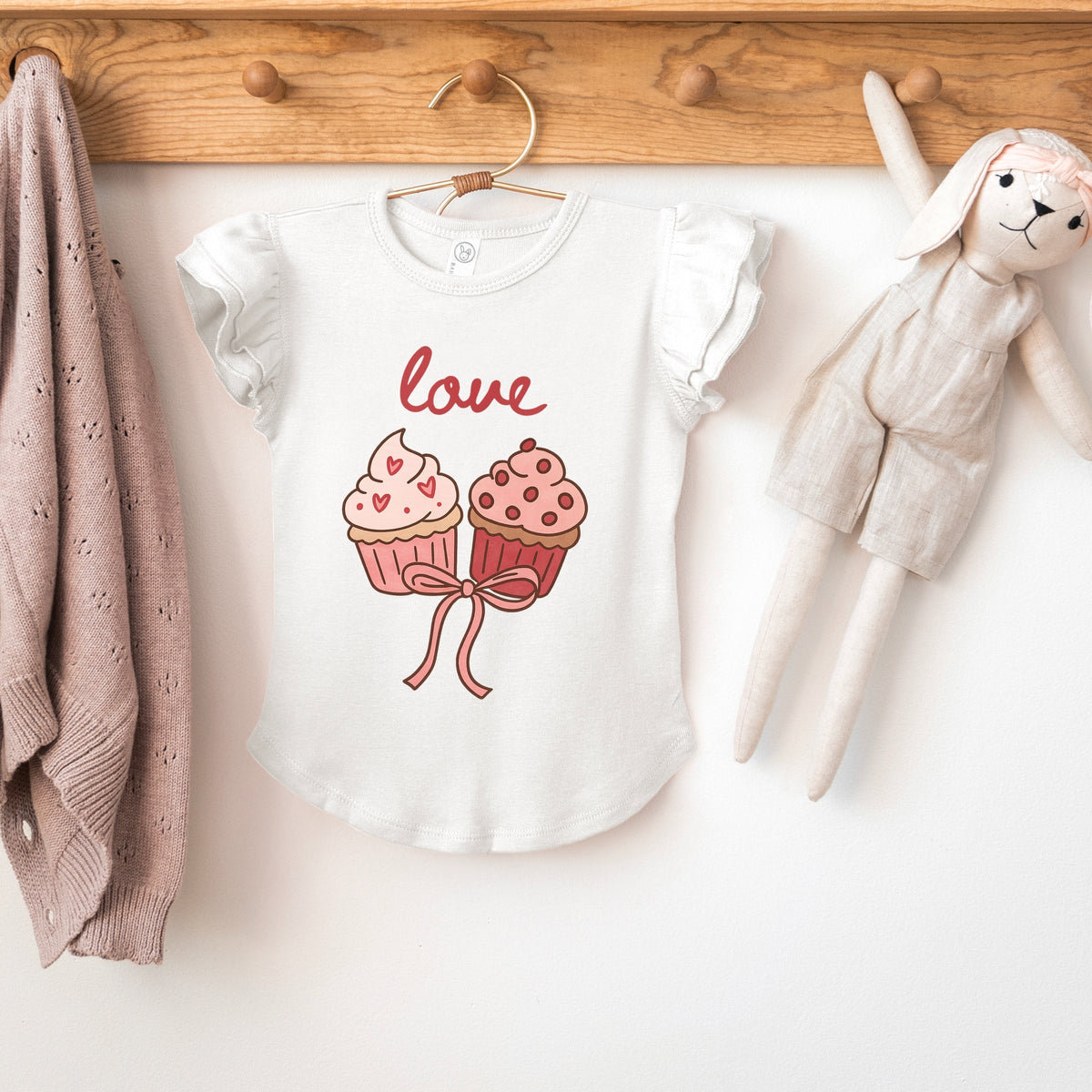 Love Cursive Cupcakes Coquette - Flutter Sleeve Graphic T-Shirt