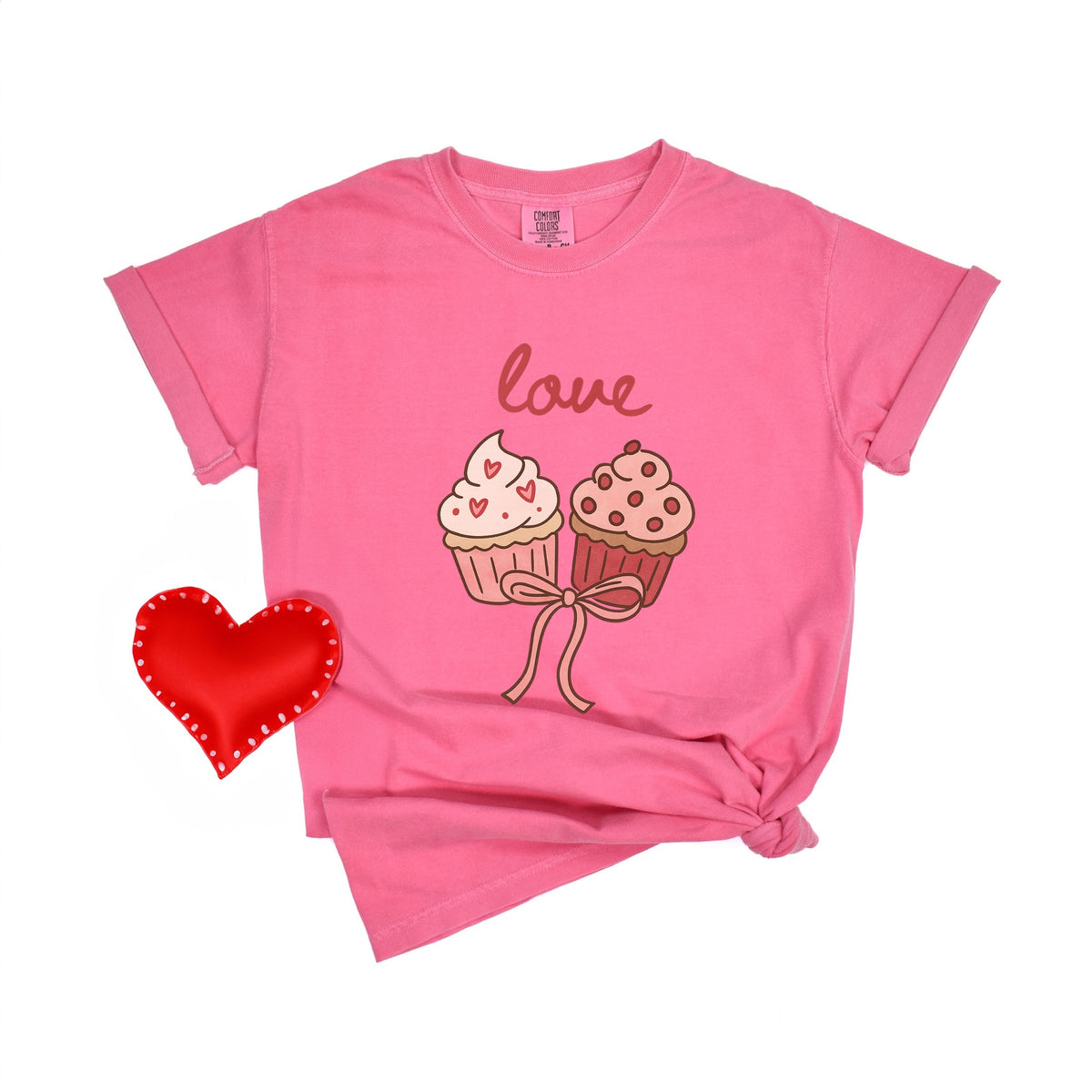 Love Cursive Cupcakes Coquette - Women's Garment Dyed Graphic T-Shirt
