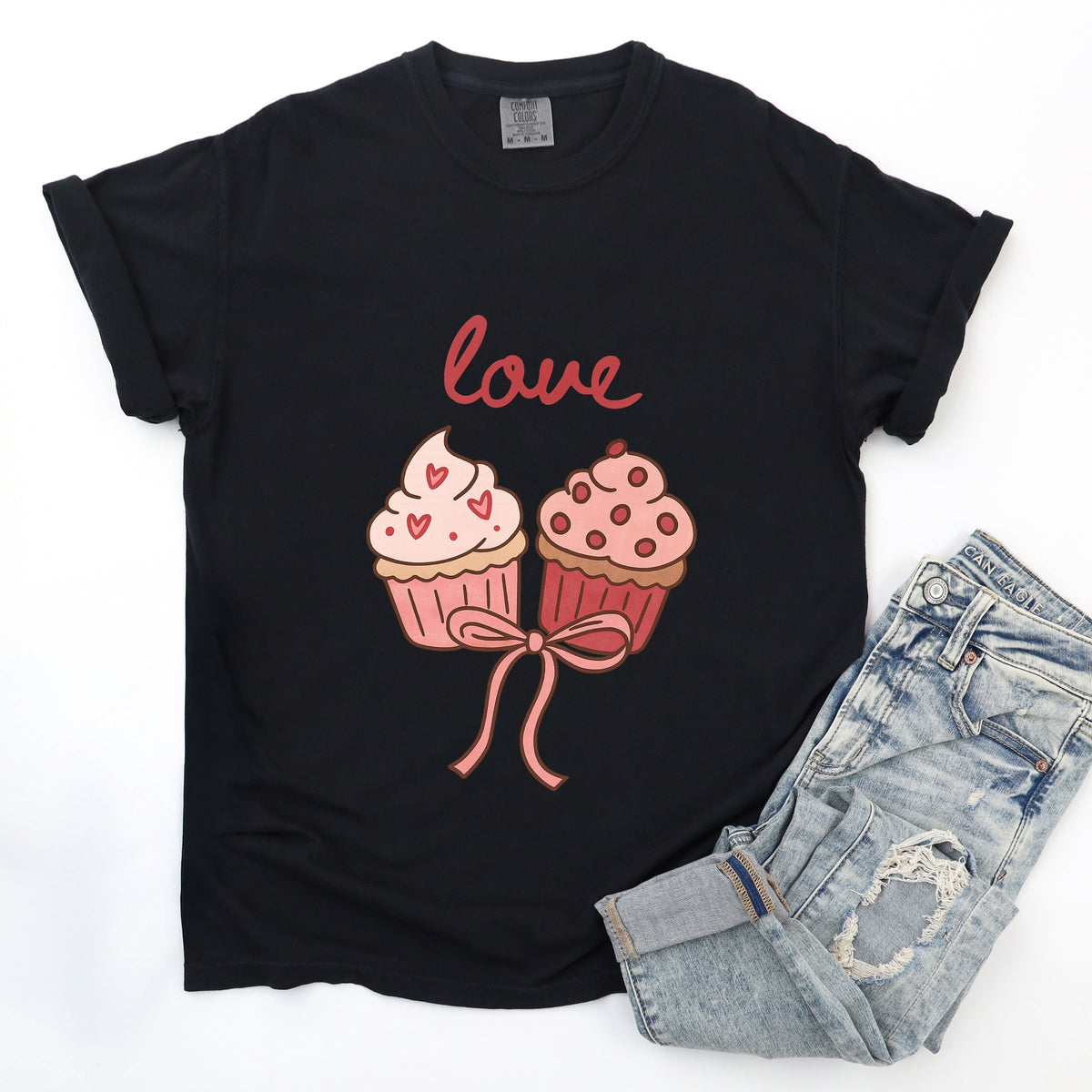 Love Cursive Cupcakes Coquette - Women's Garment Dyed Graphic T-Shirt