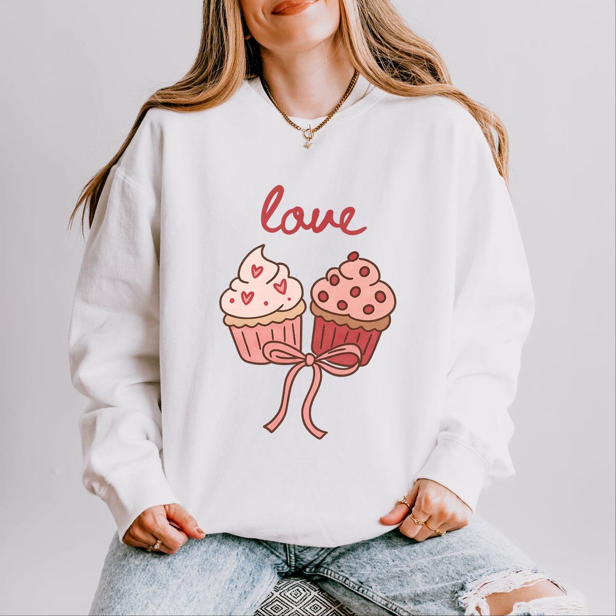 Love Cursive Cupcakes Coquette - Women's Lightweight Garment Dyed Sweatshirt