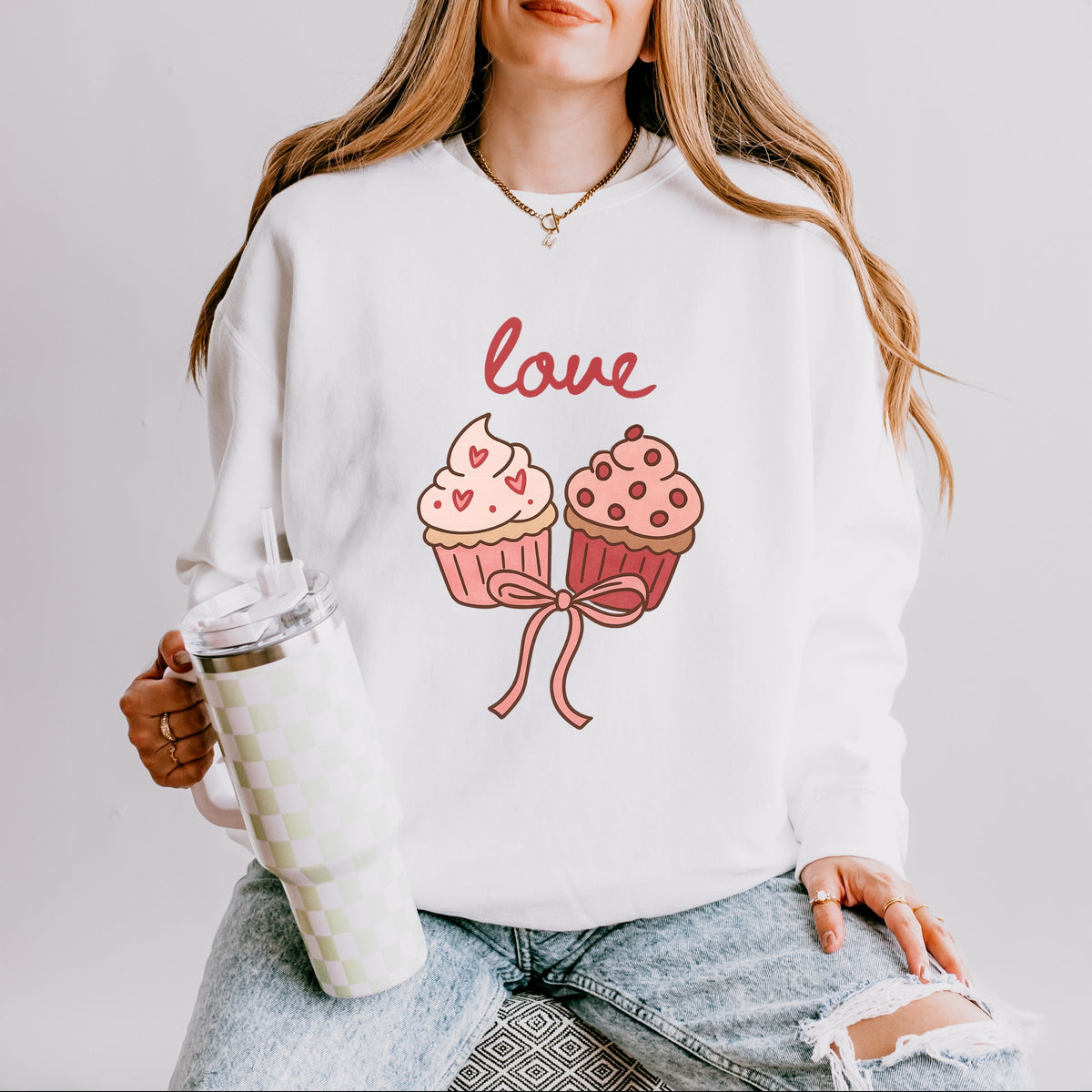 Love Cursive Cupcakes Coquette - Women's Lightweight Garment Dyed Sweatshirt
