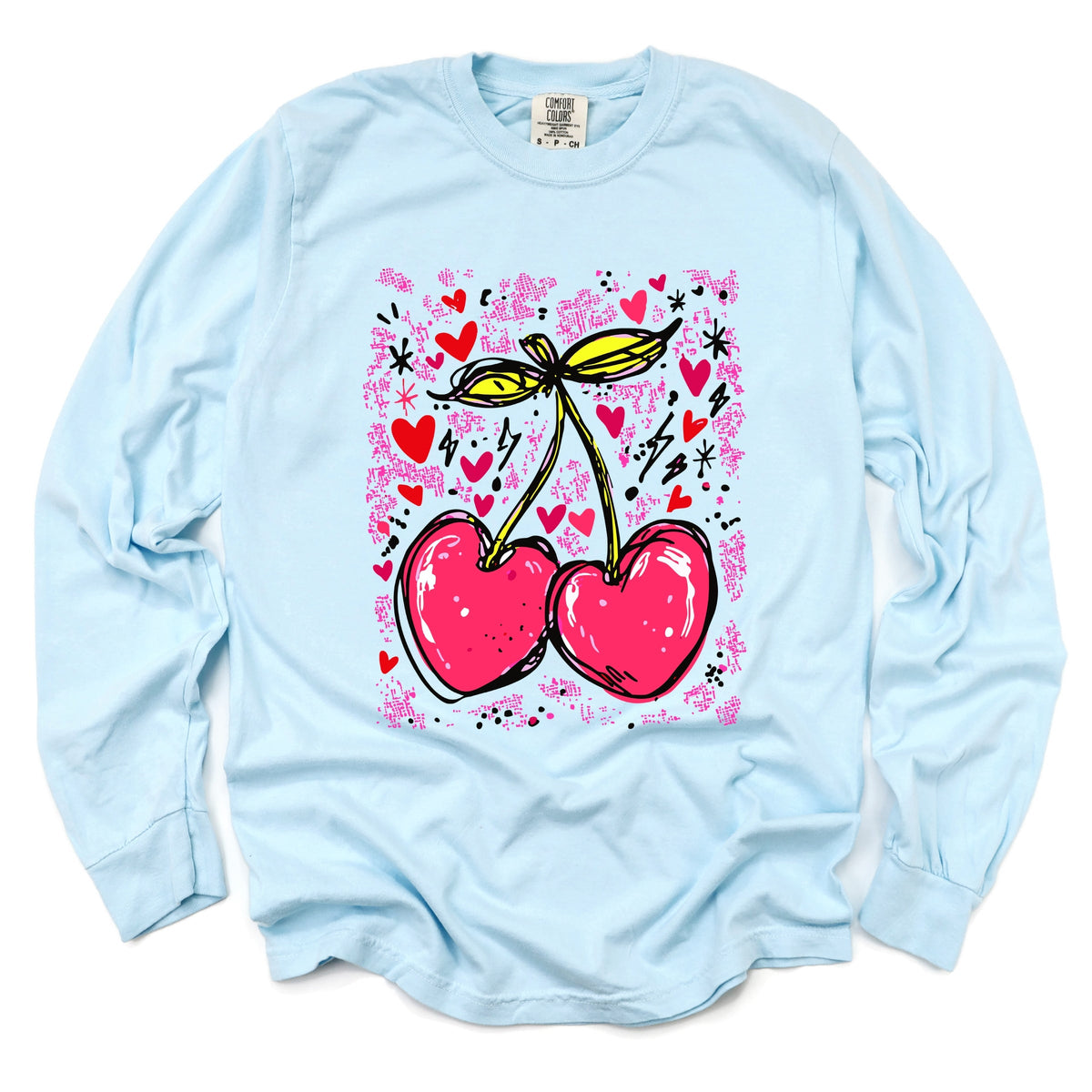 Cherry Hearts Grunge - Women's Garment Dyed Long Sleeve Graphic T-Shirt