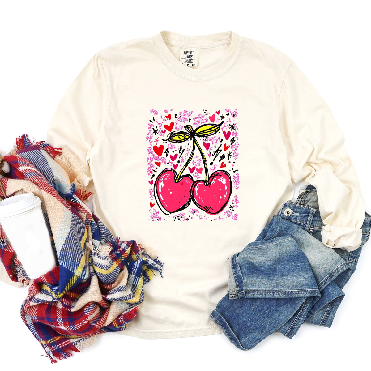 Cherry Hearts Grunge - Women's Garment Dyed Long Sleeve Graphic T-Shirt