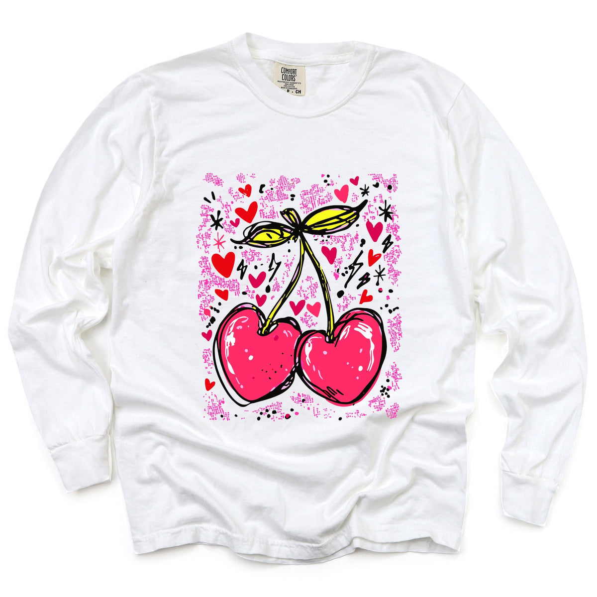 Cherry Hearts Grunge - Women's Garment Dyed Long Sleeve Graphic T-Shirt