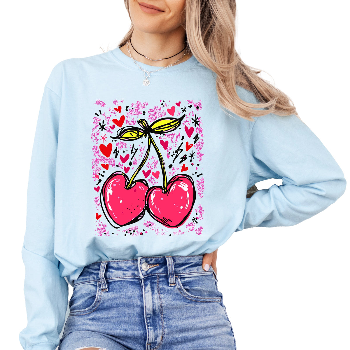 Cherry Hearts Grunge - Women's Garment Dyed Long Sleeve Graphic T-Shirt