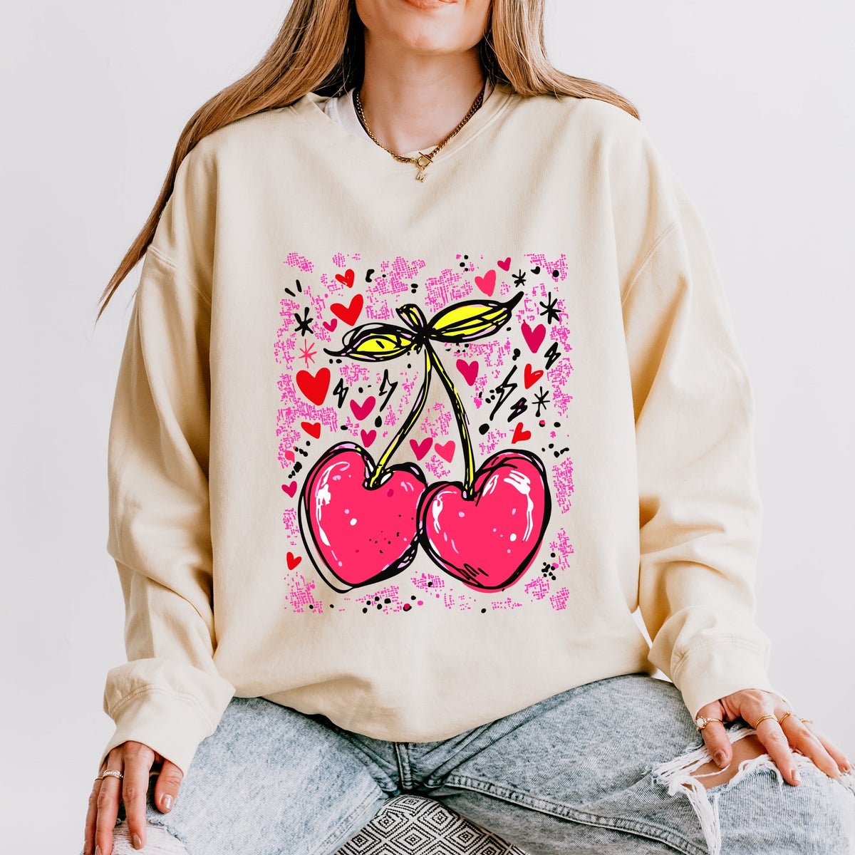 Cherry Hearts Grunge - Women's Lightweight Garment Dyed Sweatshirt
