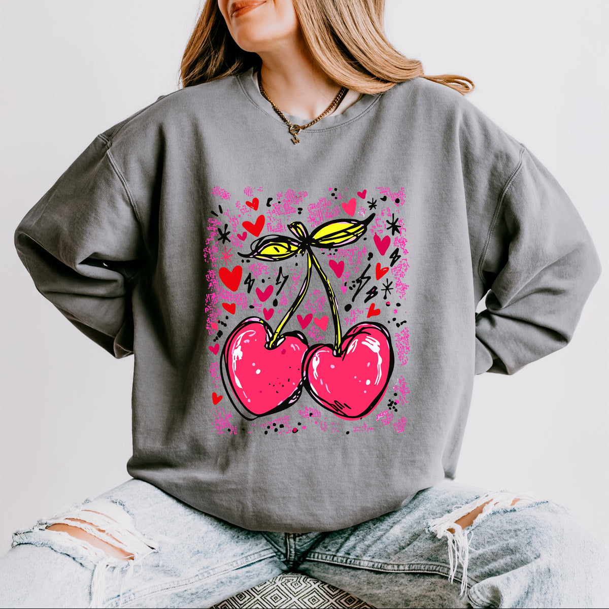 Cherry Hearts Grunge - Women's Lightweight Garment Dyed Sweatshirt
