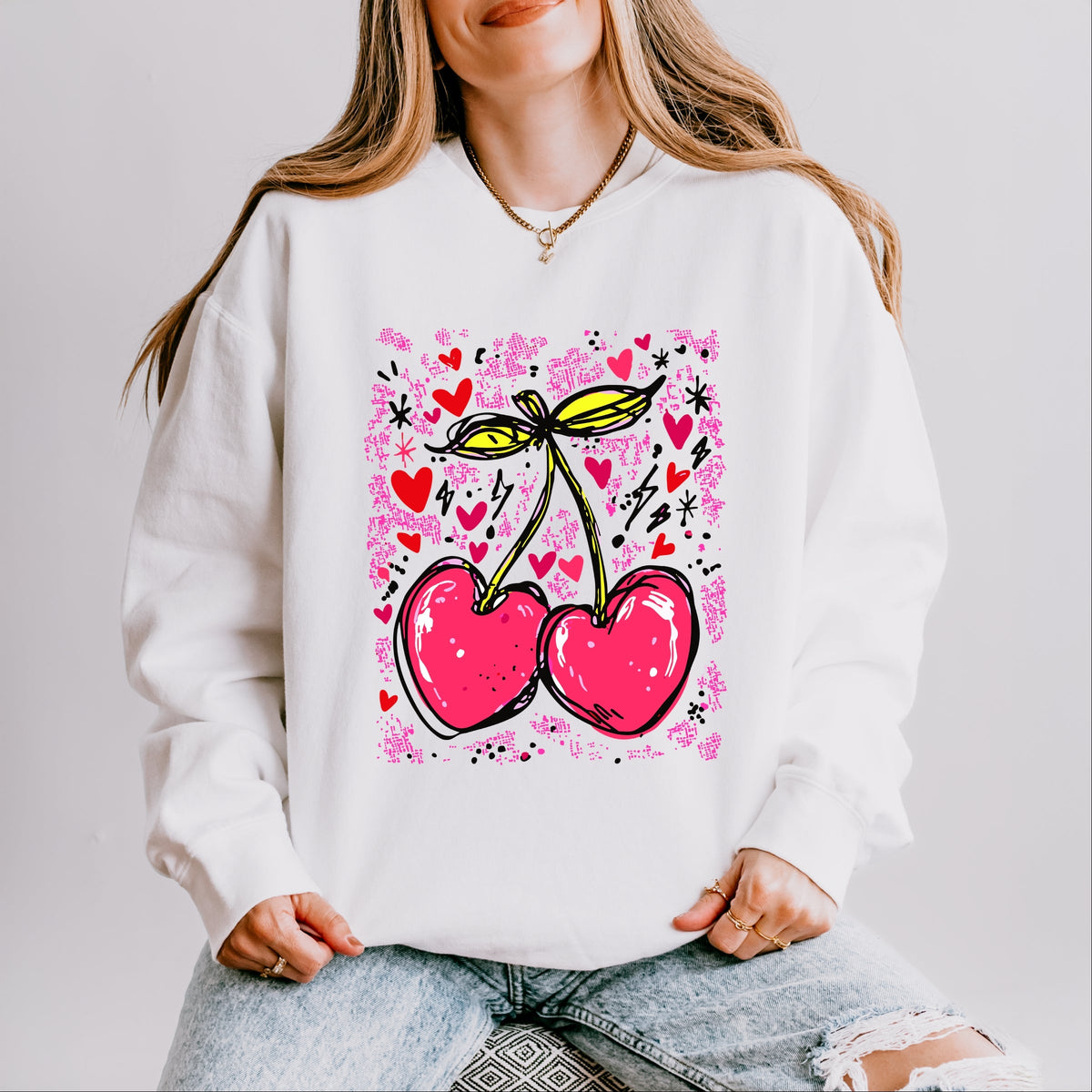 Cherry Hearts Grunge - Women's Lightweight Garment Dyed Sweatshirt