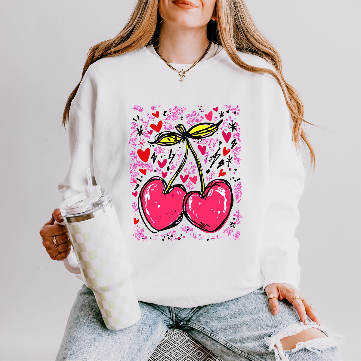 Cherry Hearts Grunge - Women's Lightweight Garment Dyed Sweatshirt