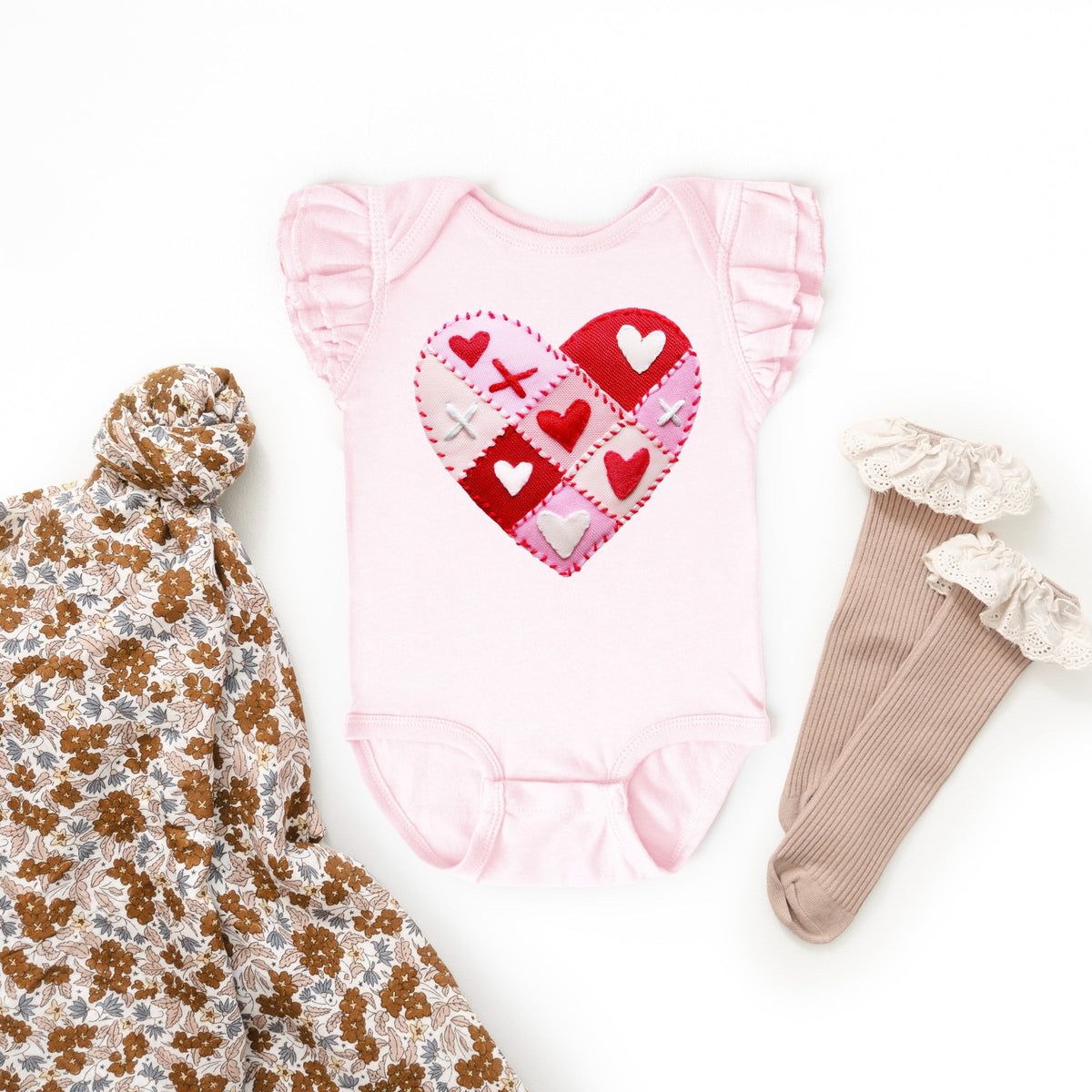 Heart Stitching Patchwork Print - Baby Flutter Sleeve Bodysuit