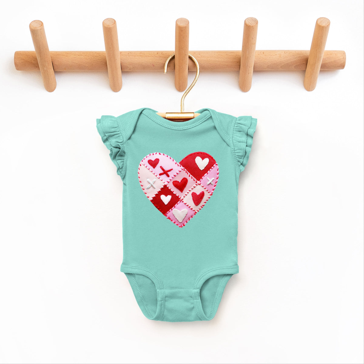Heart Stitching Patchwork Print - Baby Flutter Sleeve Bodysuit