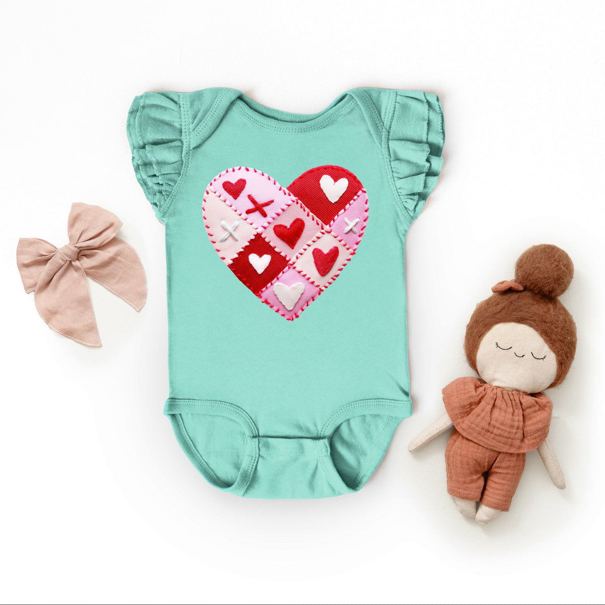 Heart Stitching Patchwork Print - Baby Flutter Sleeve Bodysuit