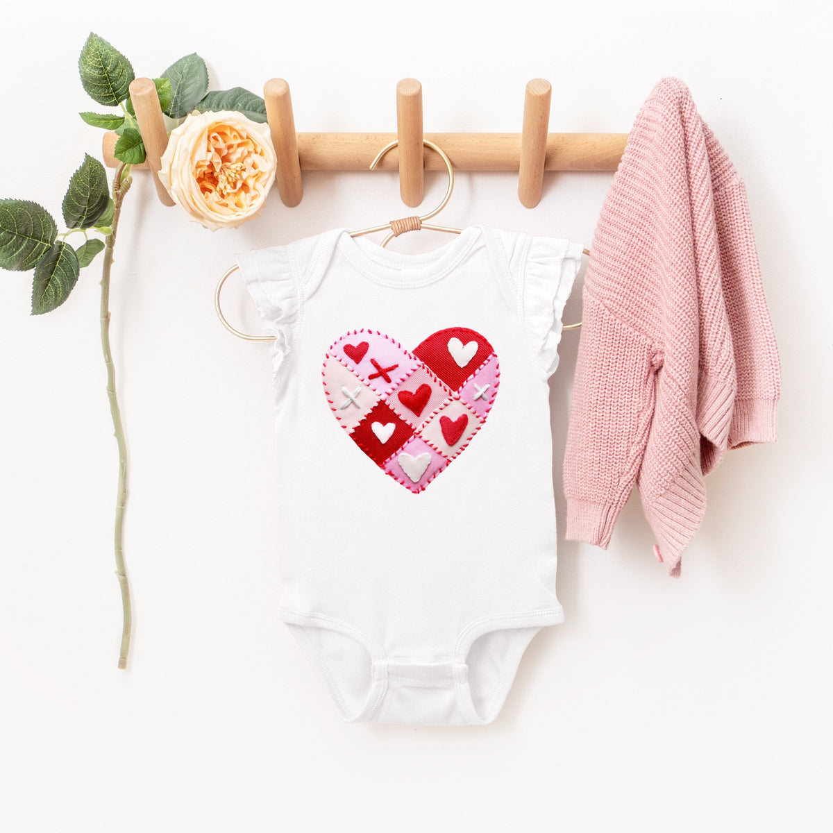 Heart Stitching Patchwork Print - Baby Flutter Sleeve Bodysuit