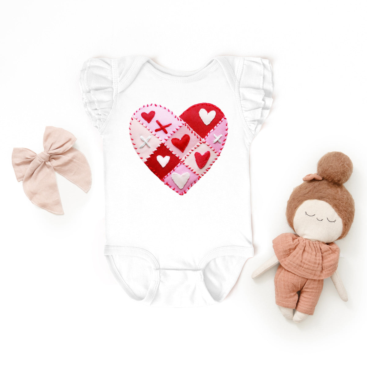 Heart Stitching Patchwork Print - Baby Flutter Sleeve Bodysuit