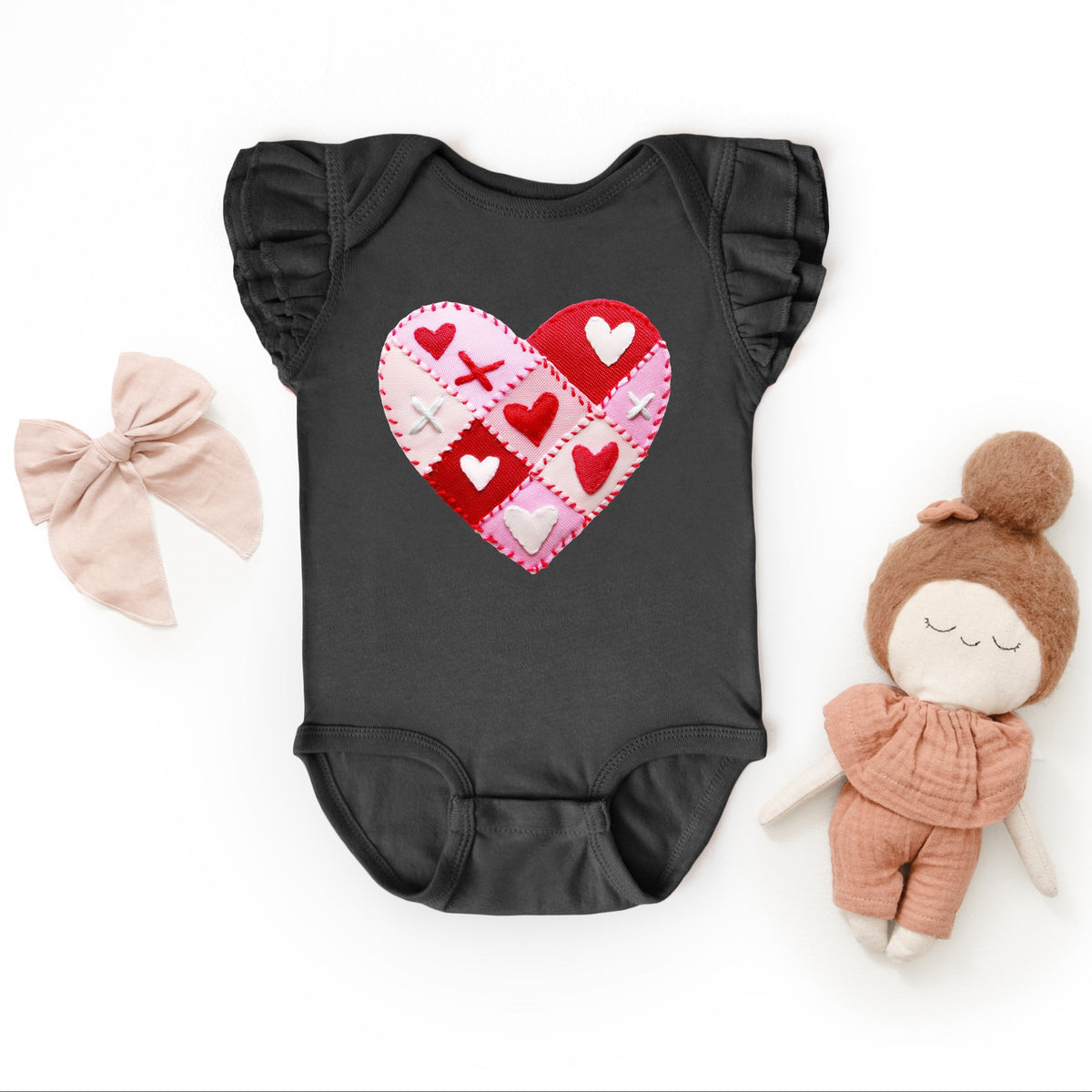 Heart Stitching Patchwork Print - Baby Flutter Sleeve Bodysuit