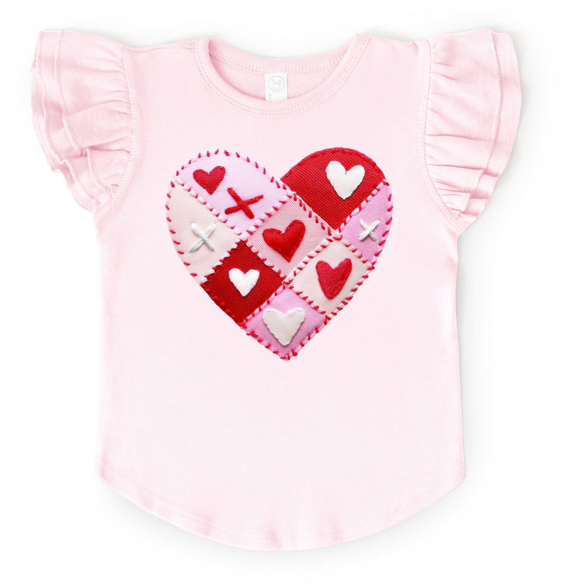 Heart Stitching Patchwork Print - Flutter Sleeve Graphic T-Shirt