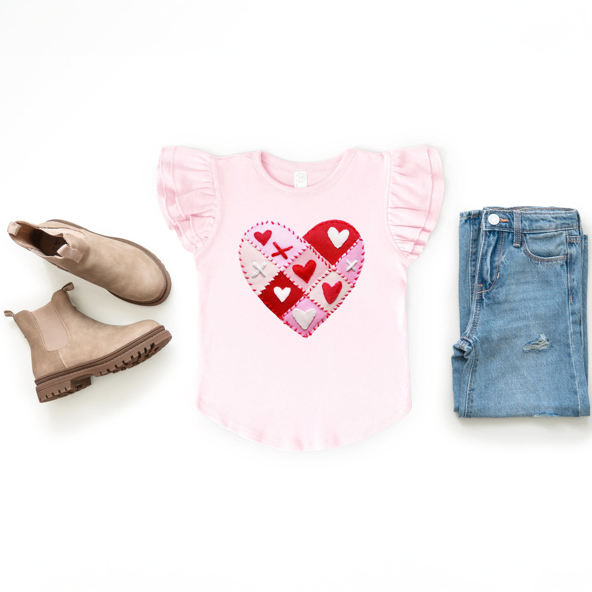 Heart Stitching Patchwork Print - Flutter Sleeve Graphic T-Shirt