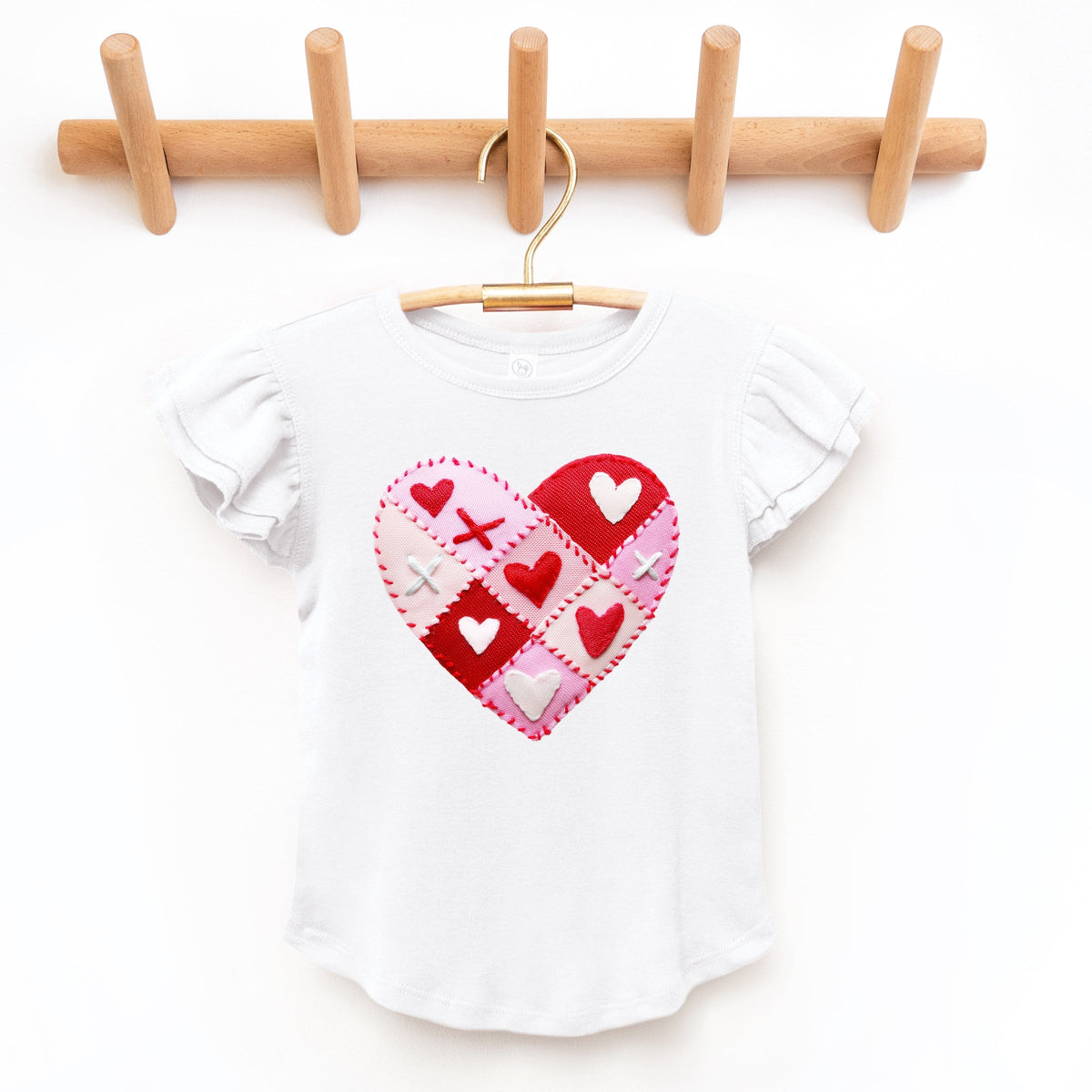 Heart Stitching Patchwork Print - Flutter Sleeve Graphic T-Shirt