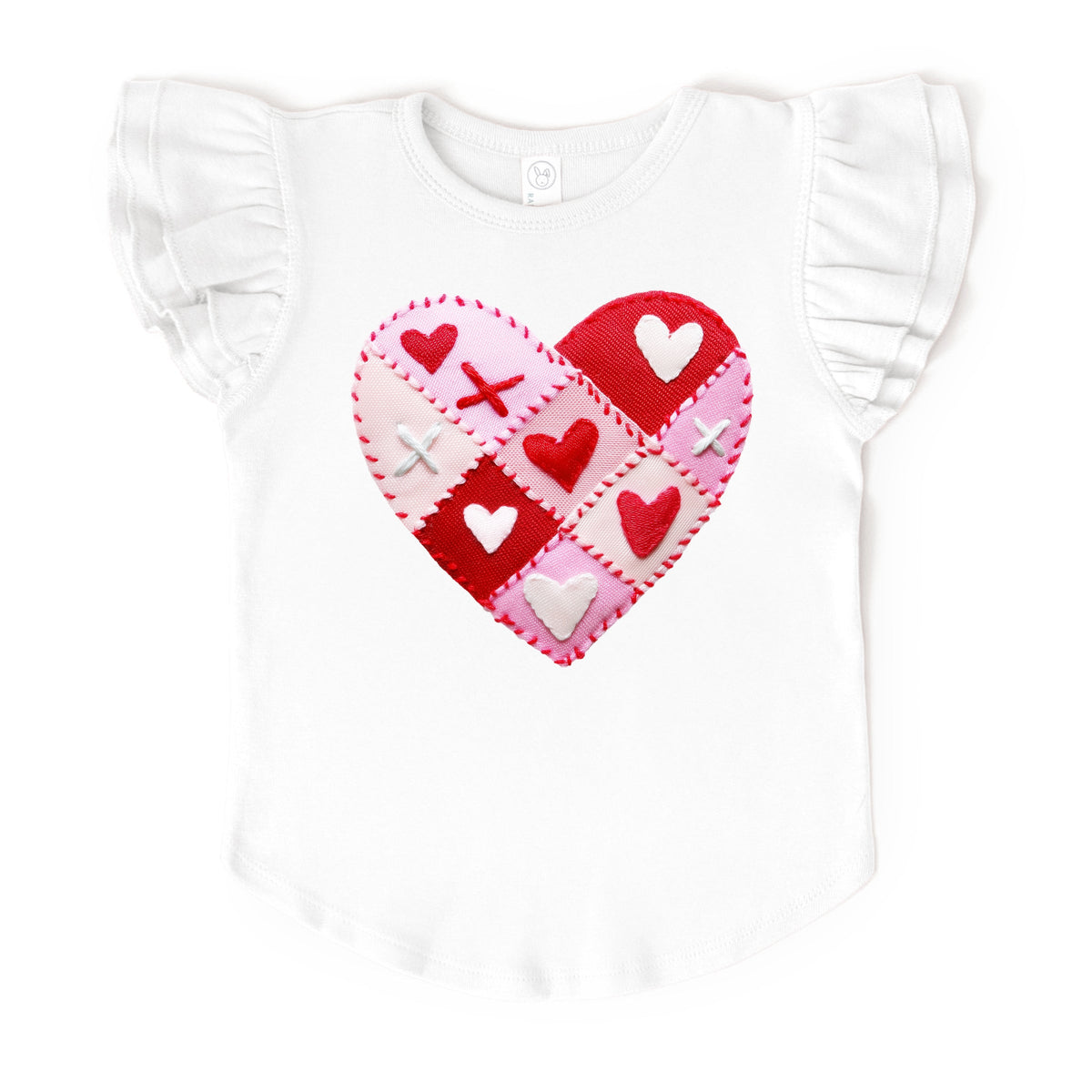 Heart Stitching Patchwork Print - Flutter Sleeve Graphic T-Shirt