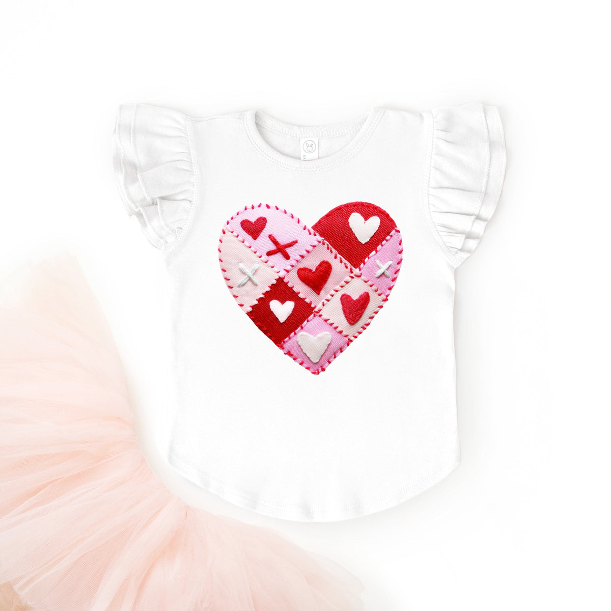 Heart Stitching Patchwork Print - Flutter Sleeve Graphic T-Shirt