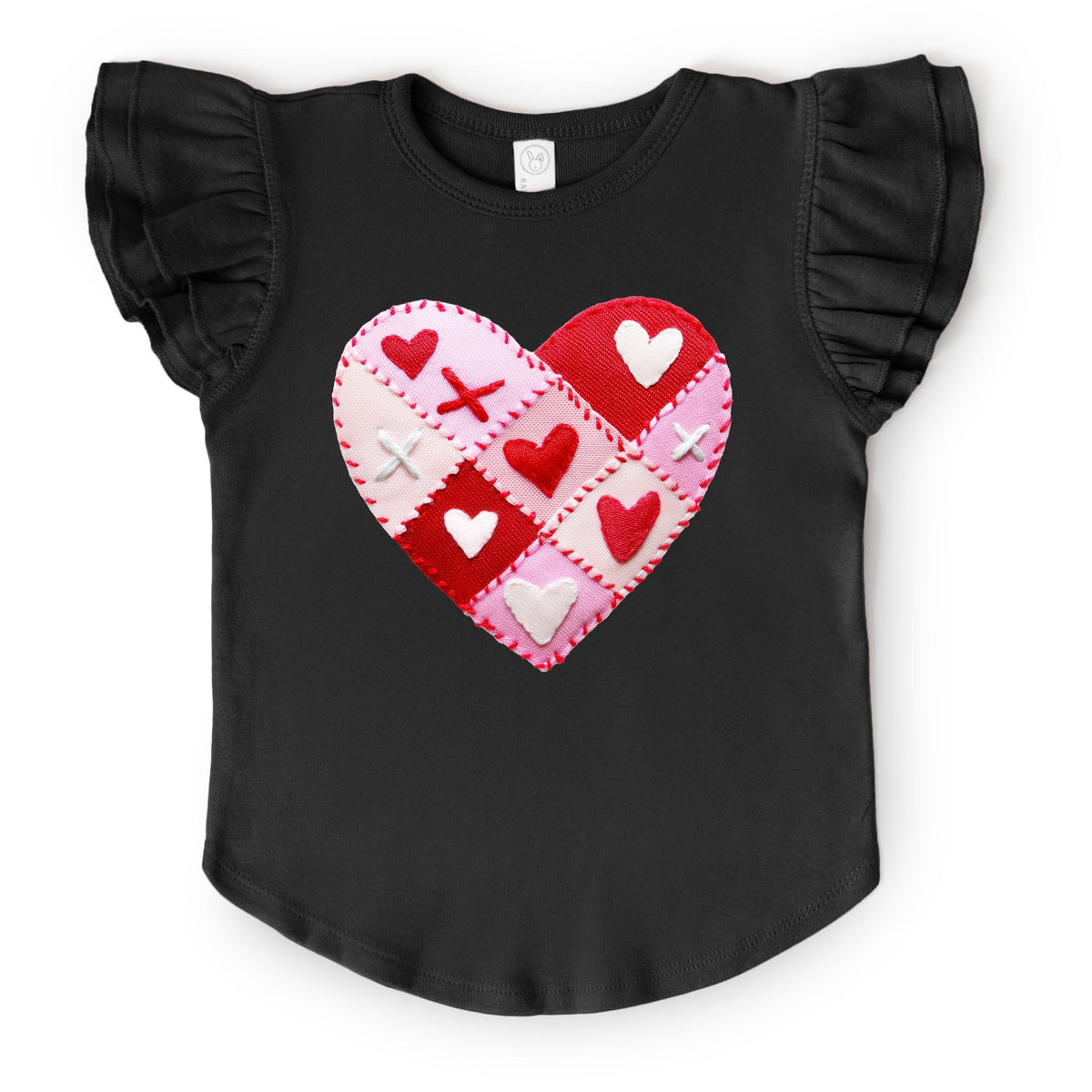 Heart Stitching Patchwork Print - Flutter Sleeve Graphic T-Shirt