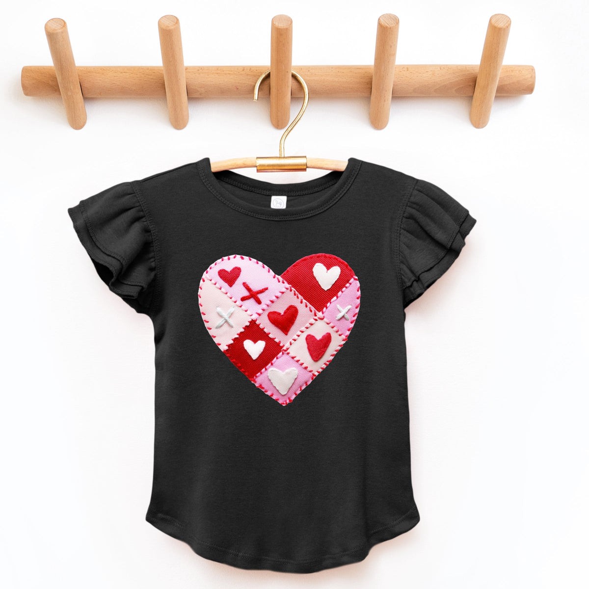 Heart Stitching Patchwork Print - Flutter Sleeve Graphic T-Shirt