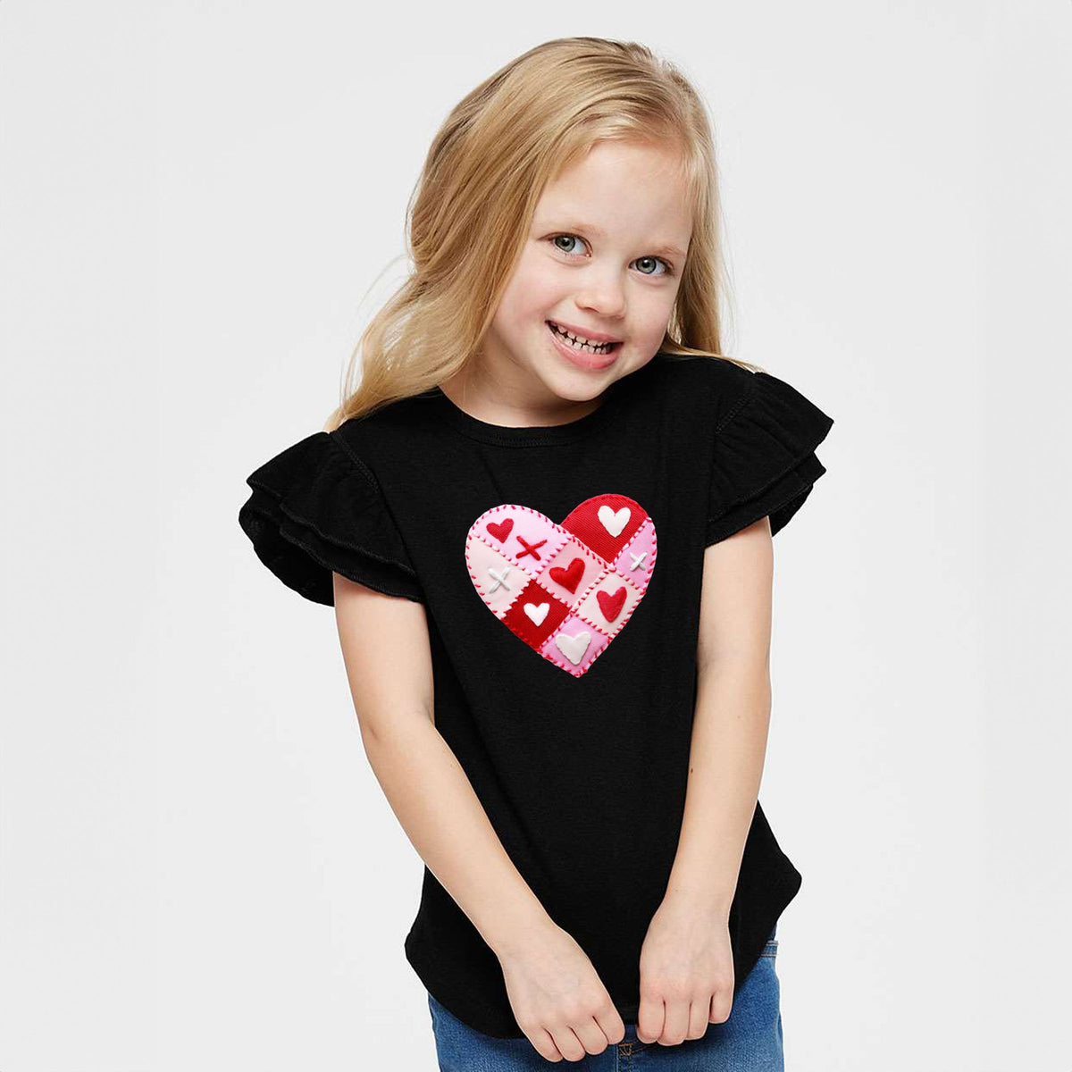 Heart Stitching Patchwork Print - Flutter Sleeve Graphic T-Shirt