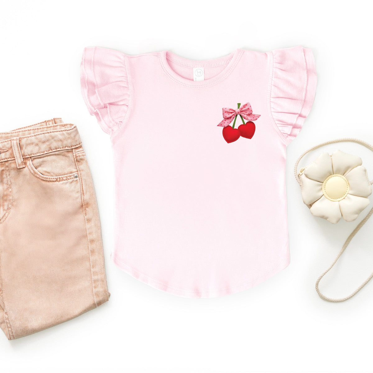 Cherry Hearts Pink Bow Patchwork Print - Flutter Sleeve Graphic T-Shirt