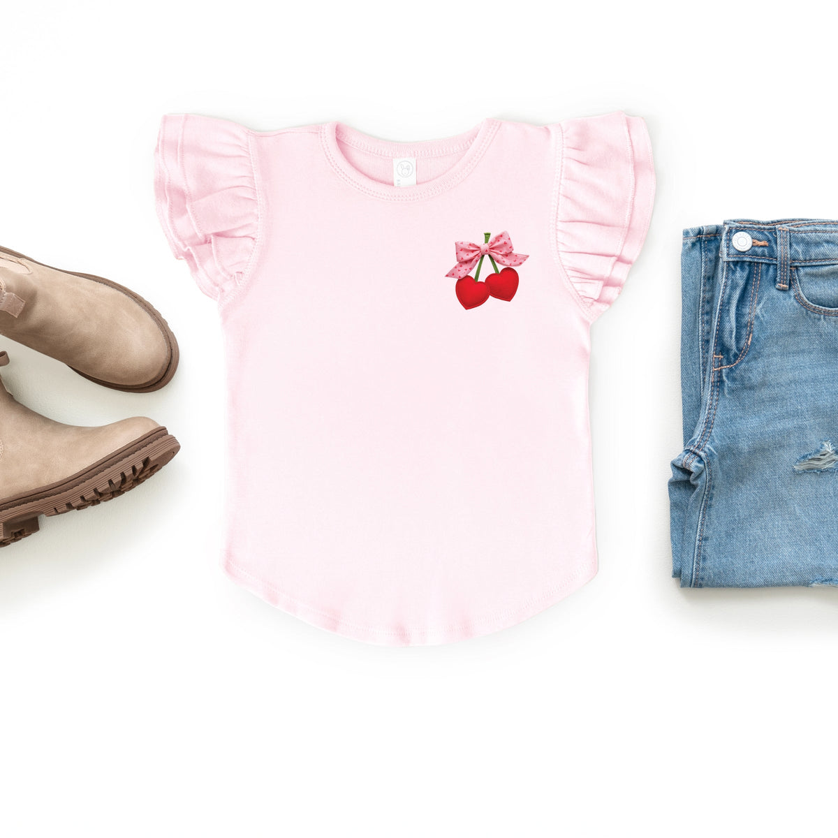 Cherry Hearts Pink Bow Patchwork Print - Flutter Sleeve Graphic T-Shirt