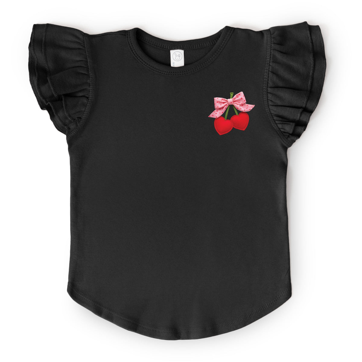 Cherry Hearts Pink Bow Patchwork Print - Flutter Sleeve Graphic T-Shirt