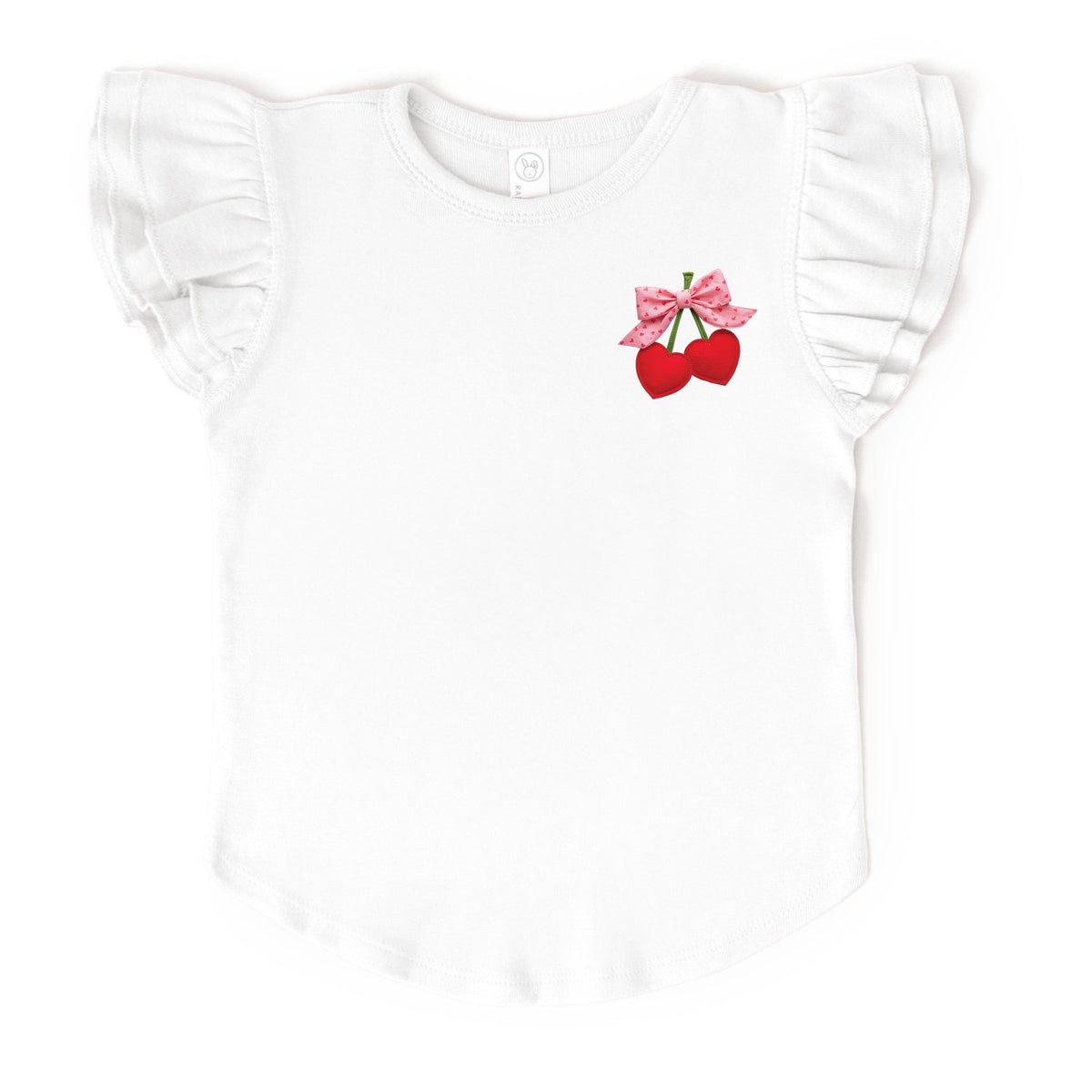 Cherry Hearts Pink Bow Patchwork Print - Flutter Sleeve Graphic T-Shirt