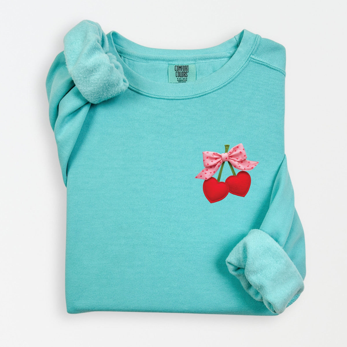 Cherry Hearts Pink Bow Patchwork Print - Women's Lightweight Garment Dyed Sweatshirt