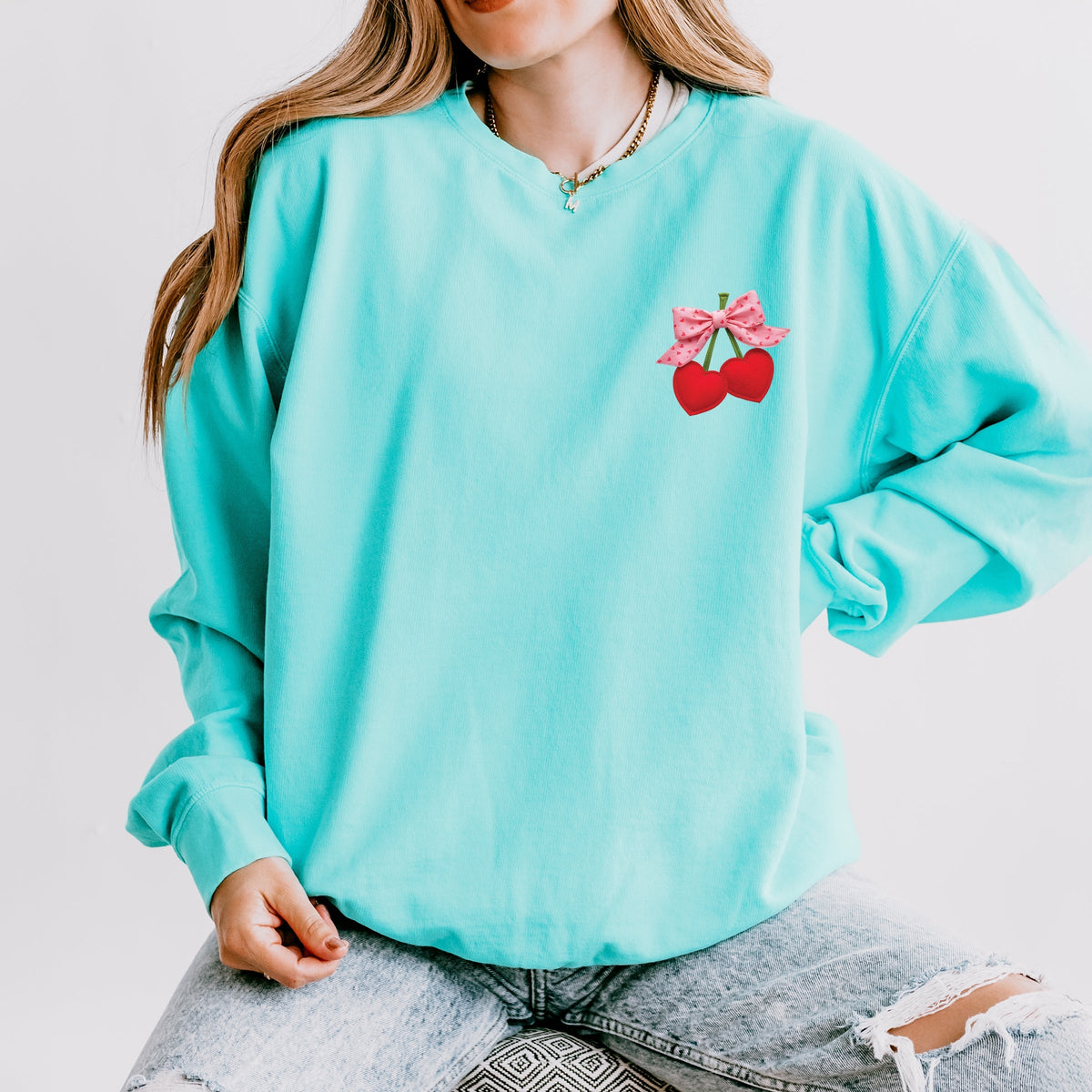 Cherry Hearts Pink Bow Patchwork Print - Women's Lightweight Garment Dyed Sweatshirt