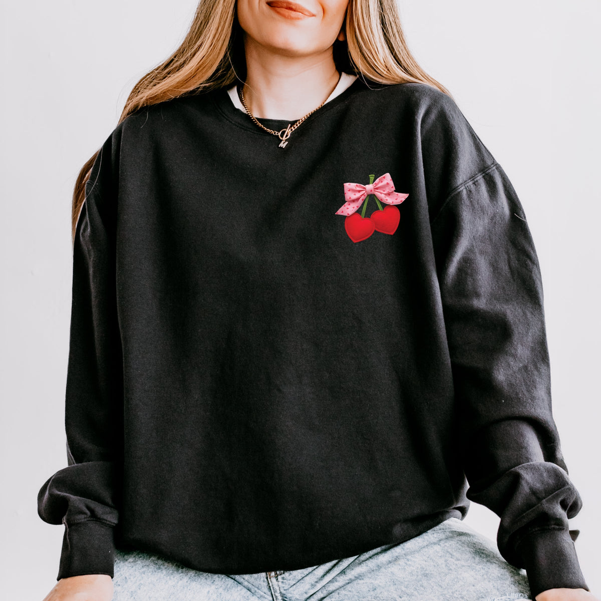 Cherry Hearts Pink Bow Patchwork Print - Women's Lightweight Garment Dyed Sweatshirt