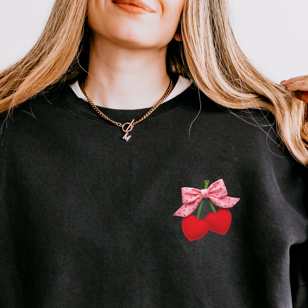 Cherry Hearts Pink Bow Patchwork Print - Women's Lightweight Garment Dyed Sweatshirt
