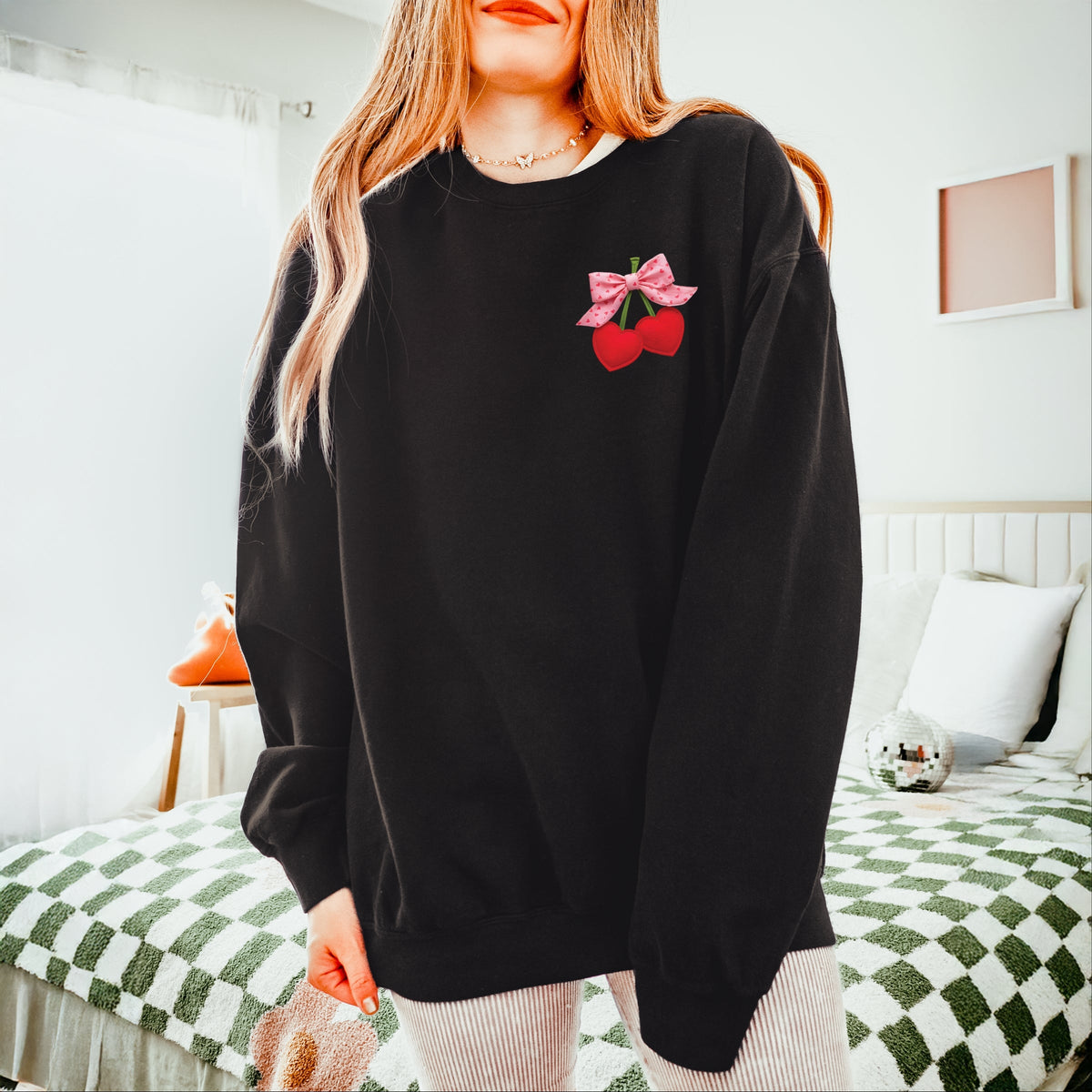 Cherry Hearts Pink Bow Patchwork Print - Women's Lightweight Garment Dyed Sweatshirt