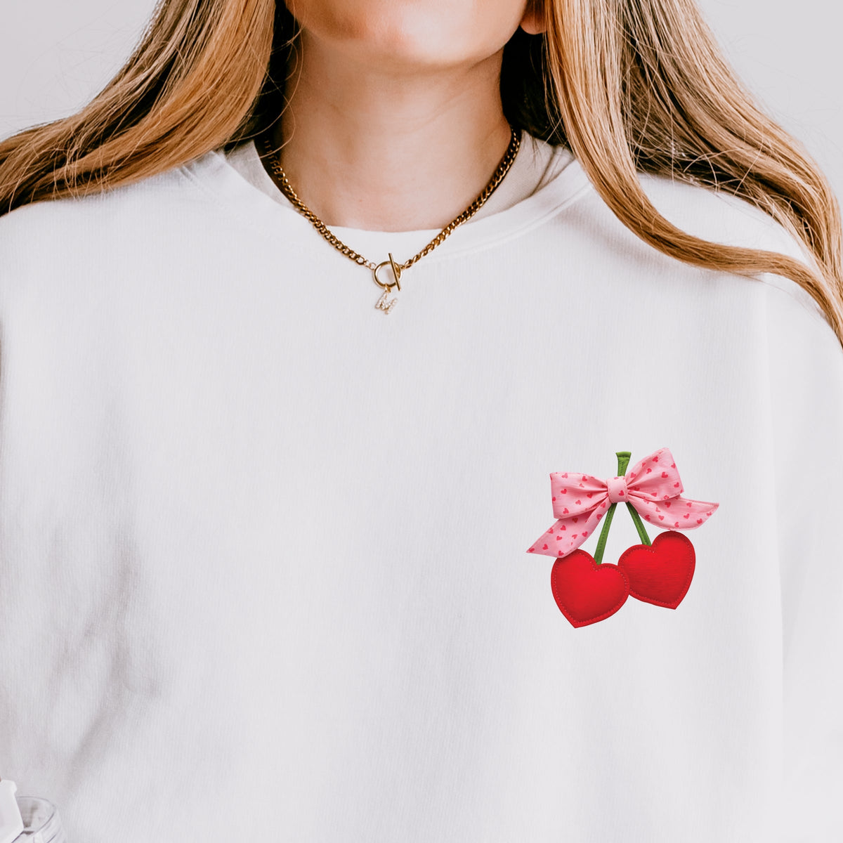 Cherry Hearts Pink Bow Patchwork Print - Women's Lightweight Garment Dyed Sweatshirt